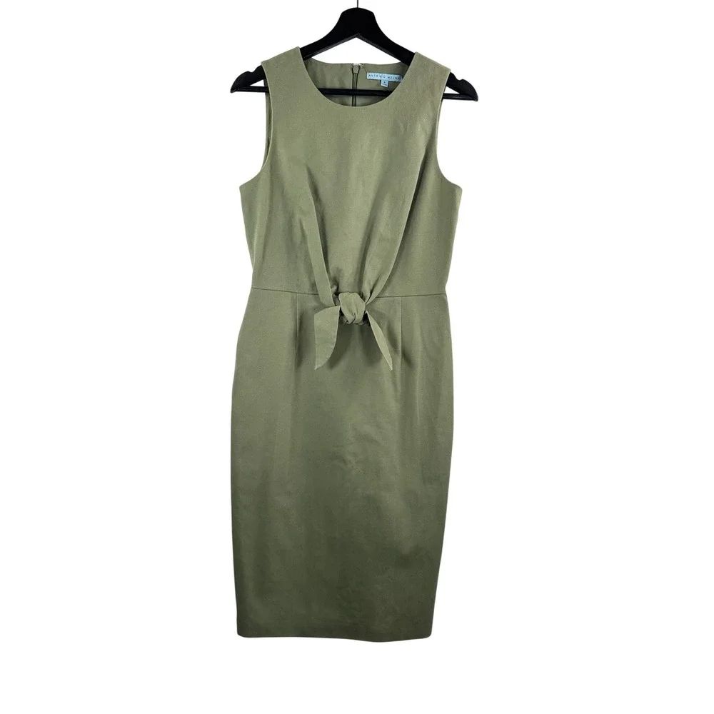 Antonio Melani Sheath Dress sz 6 Olive Green Tie Front money classic